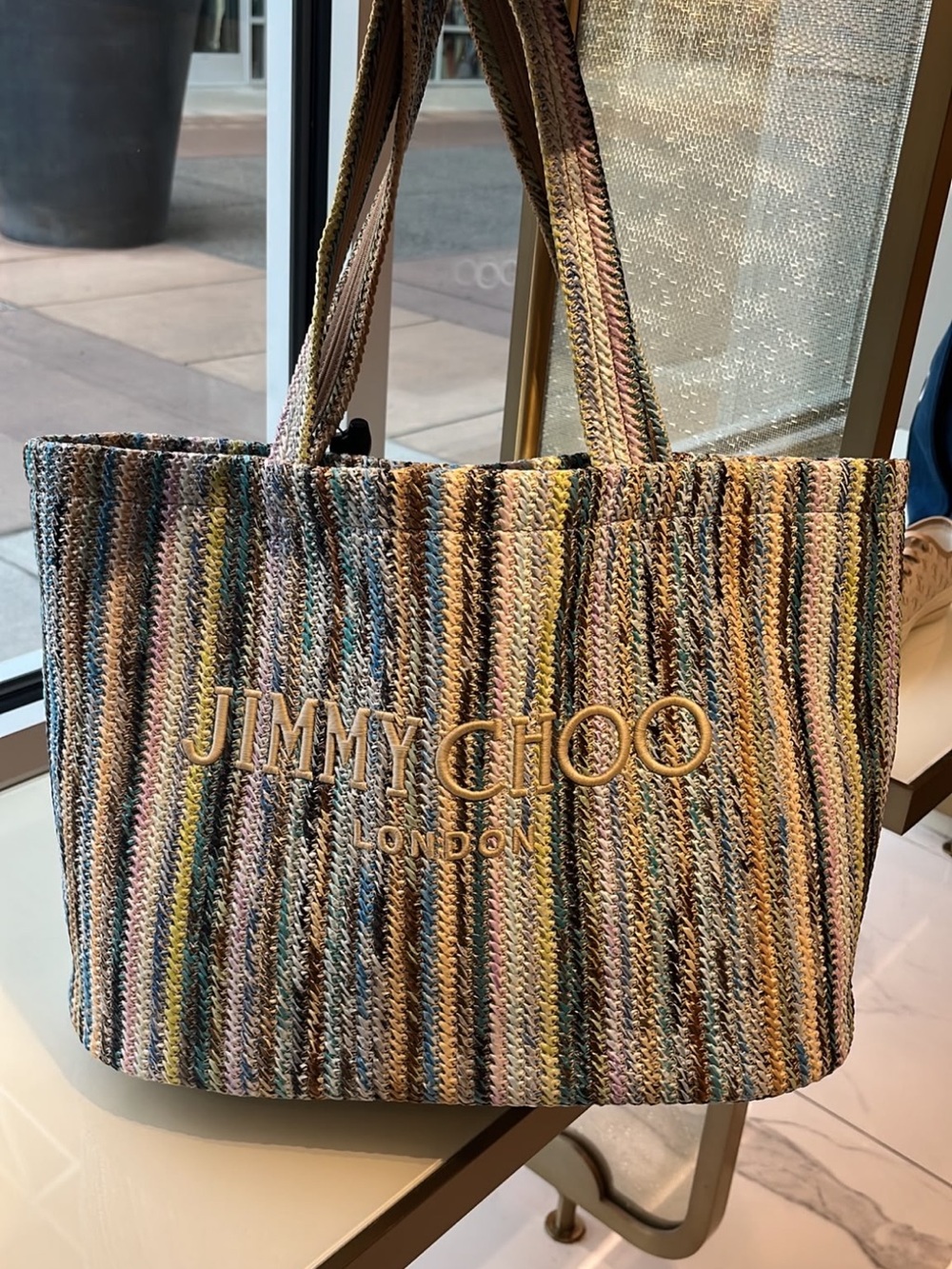 Jimmy Choo Striped Multicolor Woven Tote with Gold Logo